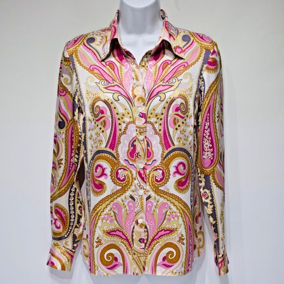 INC 100% Silk Pink Floral Paisley Button Up Top Blouse Long Sleeve Women Size 6 - Picture 1 of 15